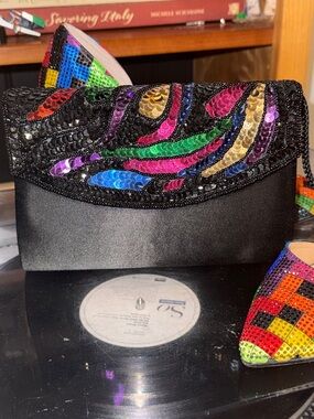 Vintage Rainbow Sequined Sequin Black Evening Clutch shoulder Bag Purse